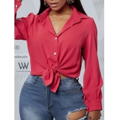 Lovely Casual Turndown Collar Button Design Red Bl