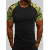 Lovely Men Casual O Neck Camo Print Patchwork Blac