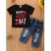 LW Boy Casual O Neck Letter Print Black Two Piece 