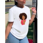 Lovely Casual O Neck Portrait Print White T-shirt
