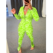 LW Sweet Pattern Print Zipper Design Green One-pie