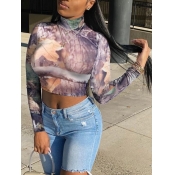 Lovely Sweet Turtleneck Print Grey T-shirt(No-posi