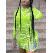 Lovely Sweet O Neck Pattern Print Green Mini Dress