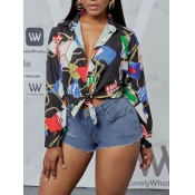 Lovely Casual Turndown Collar Print Patchwork Blac
