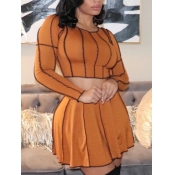 LW BASIC O Neck Striped Skirt Set