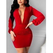 Lovely Sexy Deep V Neck Ruched Red Mini Dress