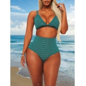 Lovely Casual V Neck Striped Green Two-piece Swims