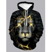 LW Men Hooded Collar Lion Print Patchwork Hoodie