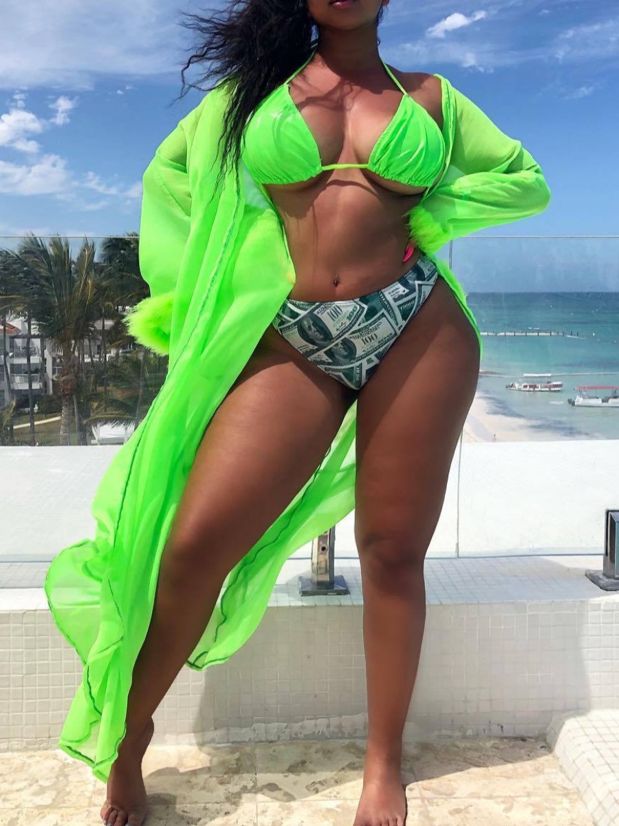 Lovely Sexy Money Print Patchwork Khaki Two-piece Swimsuit(With Veil)