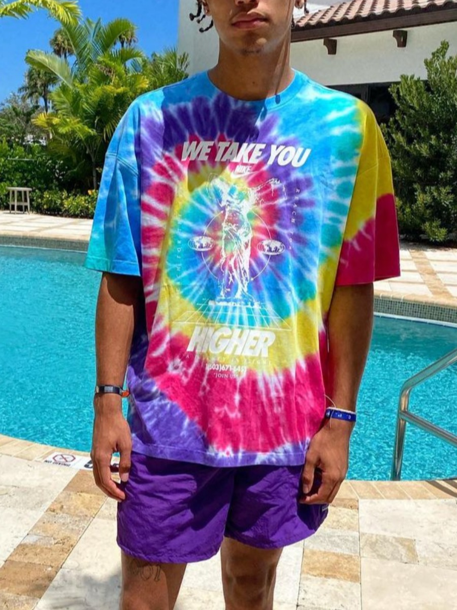 LW Round Neck Tie Dye Letter Print Shorts Set