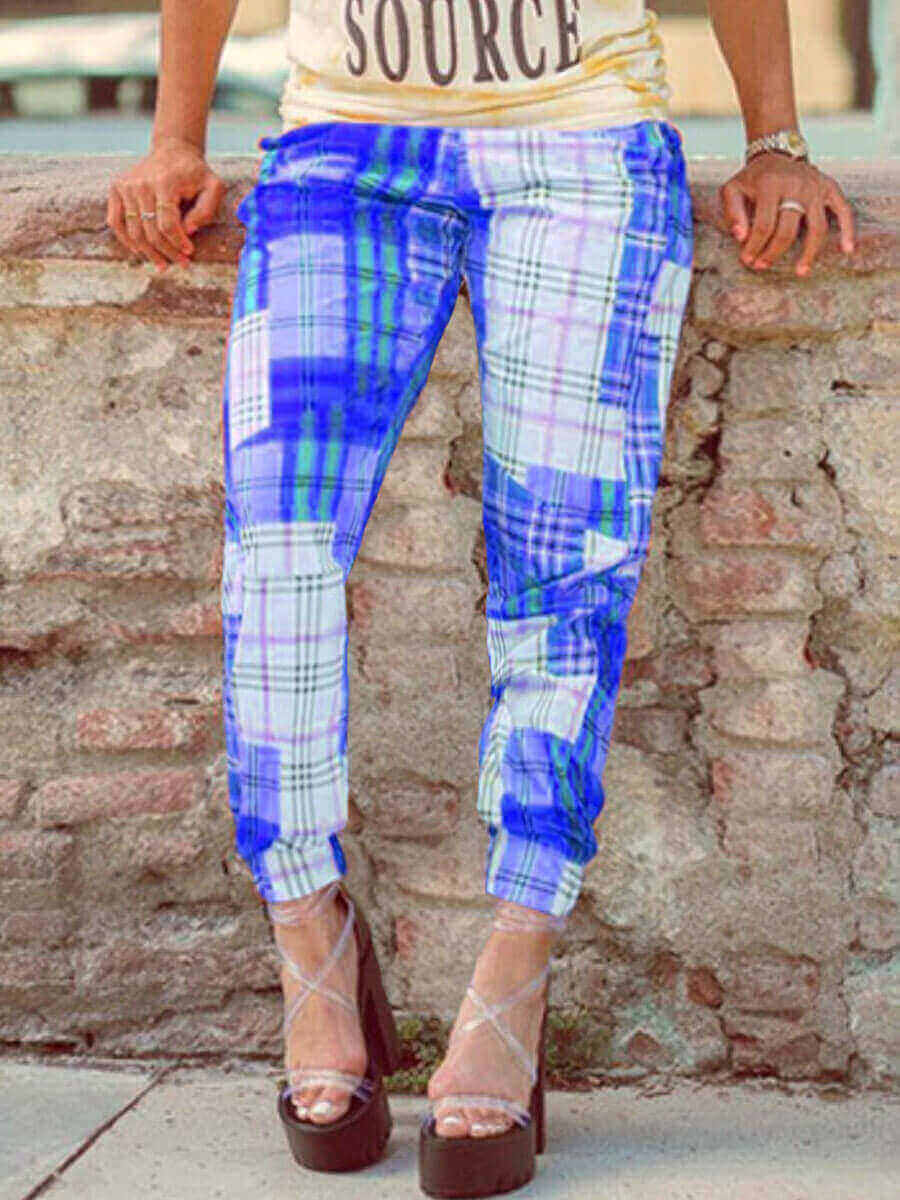 LW Casual Mid Waist Plaid Print Patchwork Blue Pants