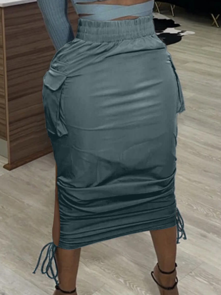 LW Stylish Ruched Drawstring Side Pocket Blue Mid Calf Dress