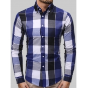 Lovely Men Casual Turndown Collar Plaid Print Blue