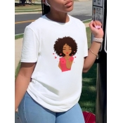Lovely Casual O Neck Portrait Print White Plus Siz