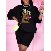 Lovely Casual Face Letter Print Black Two Piece Sh