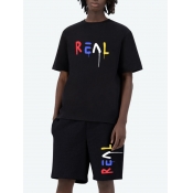 Lovely Men Casual O Neck Letter Print Black Two Pi
