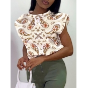 Lovely Casual O Neck Paisley Print Beige T-shirt(N