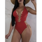 Lovely Trendy Bandage Hollow-out Design Red One-pi
