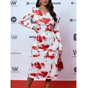LW Casual O Neck Tie-dye Wine Red Mid Calf Dress