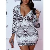 Lovely Casual V Neck Geometric Print White Mini Dr