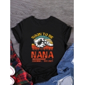 LW Plus Size Casual O Neck Letter Print Black T-sh