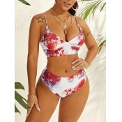Lovely Casual Cross-over Tie-dye Red Two-piece Swi