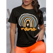 LW Casual O Neck Heart-shaped Letter Print Black T