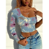 LW Chic One Shoulder Tie-dye Ripped Blue T-shirt(N