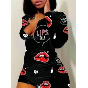 LW Stylish Lip Print Black Two Piece Shorts Set