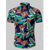 Lovely Men Casual Turndown Collar Leaf Print Blue 
