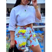 LW Casual Graffiti Print Drawstring Grey Two Piece