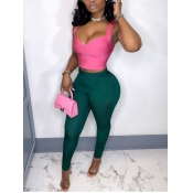 LW SXY Casual V Neck Hollow-out Pink Two Piece Pan