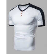 LW Men Work V Neck Patchwork Button Design White T