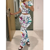 Lovely Casual O Neck Letter Heart-shaped Print Whi