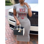 Lovely Casual Leopard Letter Print Grey Mid Calf D