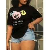 LW Casual O Neck Cartoon Letter Print Black T-shir