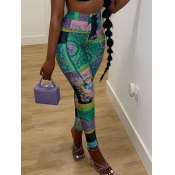 LW Ethnic High-waisted Print Patchwork Green Pants