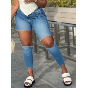 Lovely Street High-waisted Broken Holes Blue Jeans