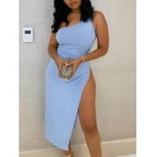 Lovely Elegant One Shoulder Split Blue Mid Calf Dr