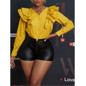Lovely Work V Neck Flounce Design Yellow Blouse