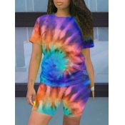 Lovely Casual O Neck Tie Dye Orange Two Piece Shor