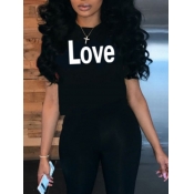 LW Trendy Valentines Day Letter Print Black T-shir