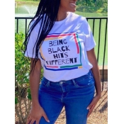 Lovely Plus Size Casual O Neck Letter Print White 