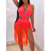 LW Casual V Neck Tassel Design Hollow-out Red Cove