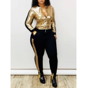 Lovely Casual Patchwork Gold Two-piece Pants Set
