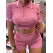 Lovely Plus Size Sportswear Rib-Knit Striped Pink 