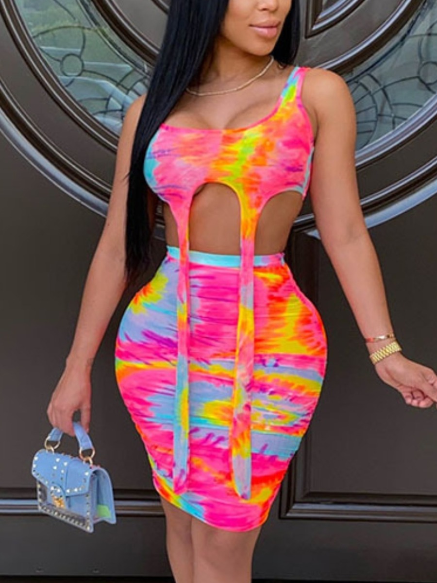 LW SXY Tie Dye Tassel Design Multicolor Two Piece Skirt Set