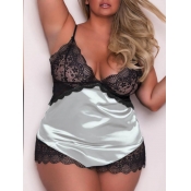 Lovely Plus Size Sexy Lace Patchwork White Babydol