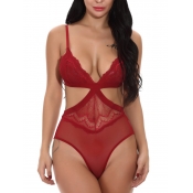 Lovely Sexy See-through Hollow-out Wine Red Teddie