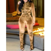 LW Velvet Turtleneck Fold Zipper Design Pants Set